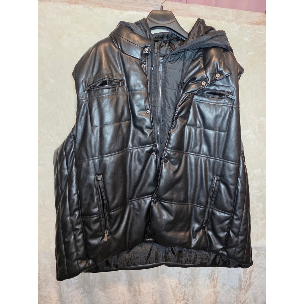 Sean John Mens Faux Leather Hooded Puffer Vest Black 5X Big and Tall Outerwear